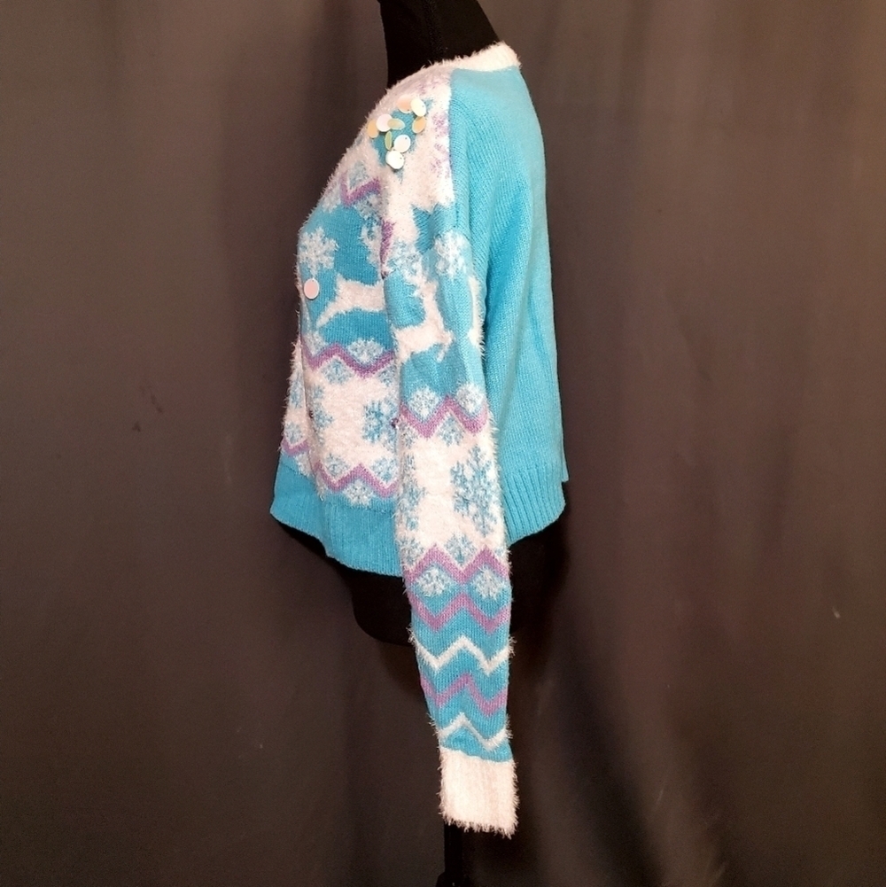 33 Degrees Blue Holiday Christmas Reindeer Argyle Rhinestone Sweater NWOT Sz SM - Picture 2 of 9